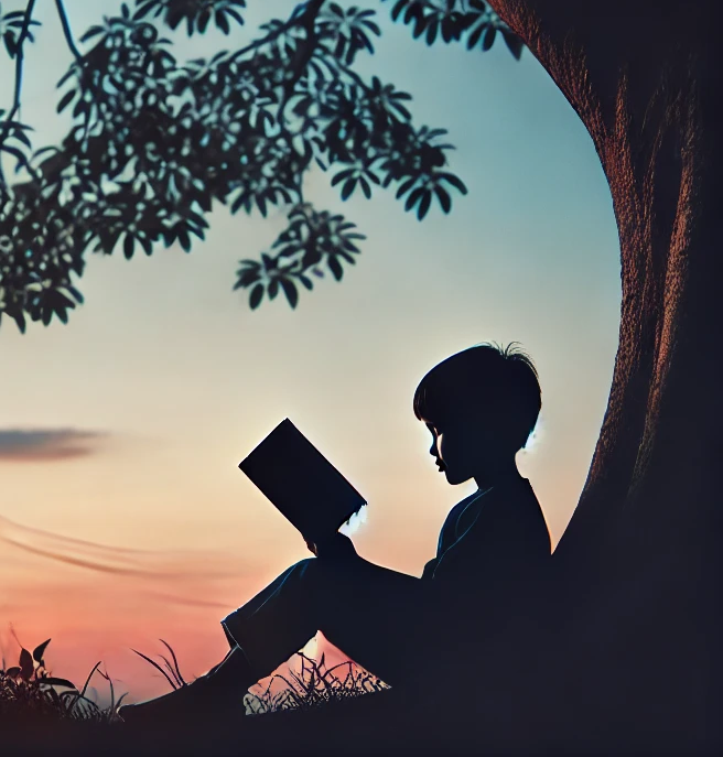 Child sitting by the tree and reading a book.